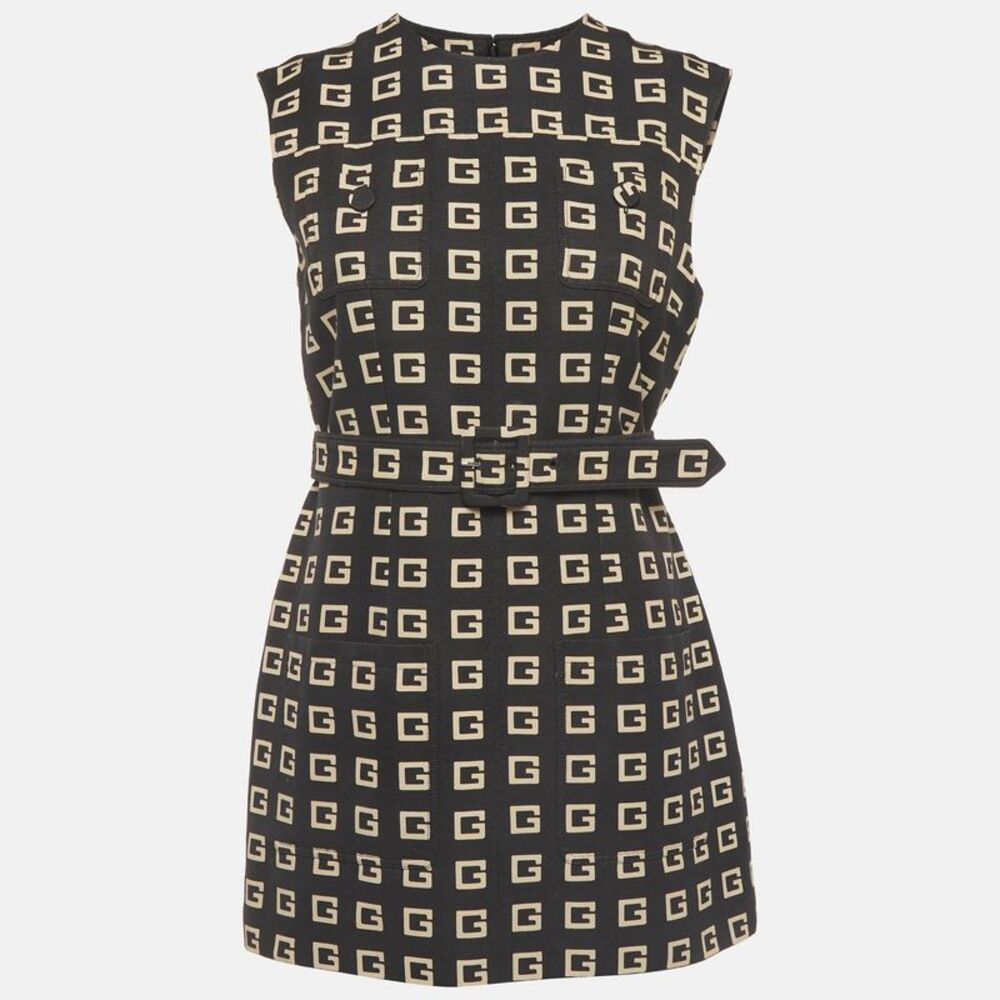 Gucci Black Square G Print Faille Belted Tunic Dress M